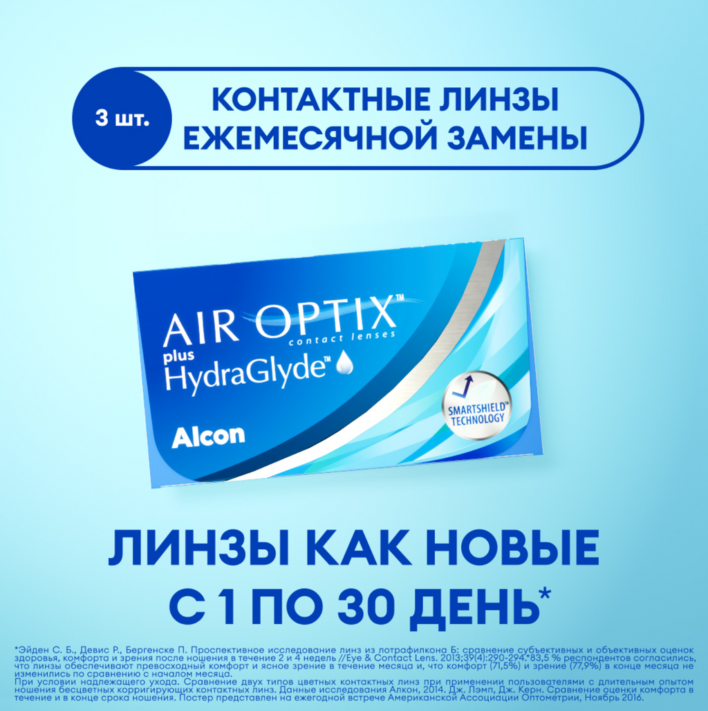 Alcon Air Optix Plus HydraGlyde Линзы контактные, BC=8.6 d=14.2, D(-1.25), 3 шт.