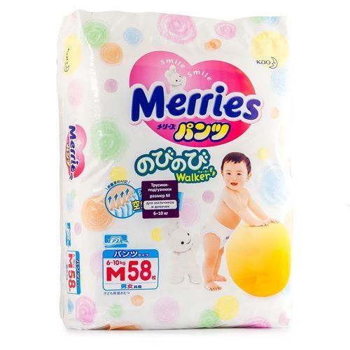 Подгузники-трусики детские Merries, 6-10 кг, р. M, 58 шт. цена