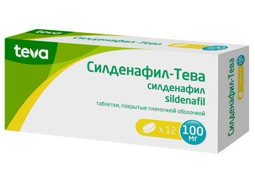 Силденафил-Тева, 100 мг, таблетки, покрытые пленочной оболочкой, 12 шт.