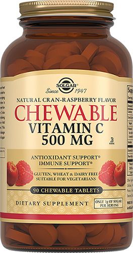 Solgar Витамин C 500 мг с малиновым вкусом, 500 мг, таблетки жевательные, 90 шт. цена