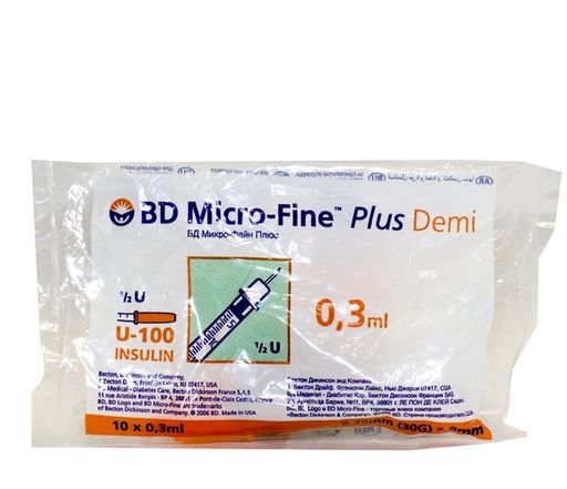 Шприц инсулиновый с несъемной иглой BD Micro-Fine Plus Demi U-100, 0,3 мл, диаметр иглы 30G, 10 шт.