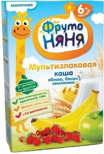 Фрутоняня Каша молочная мультизлак, каша детская молочная, яблоко банан земляника, 200 г, 1 шт.